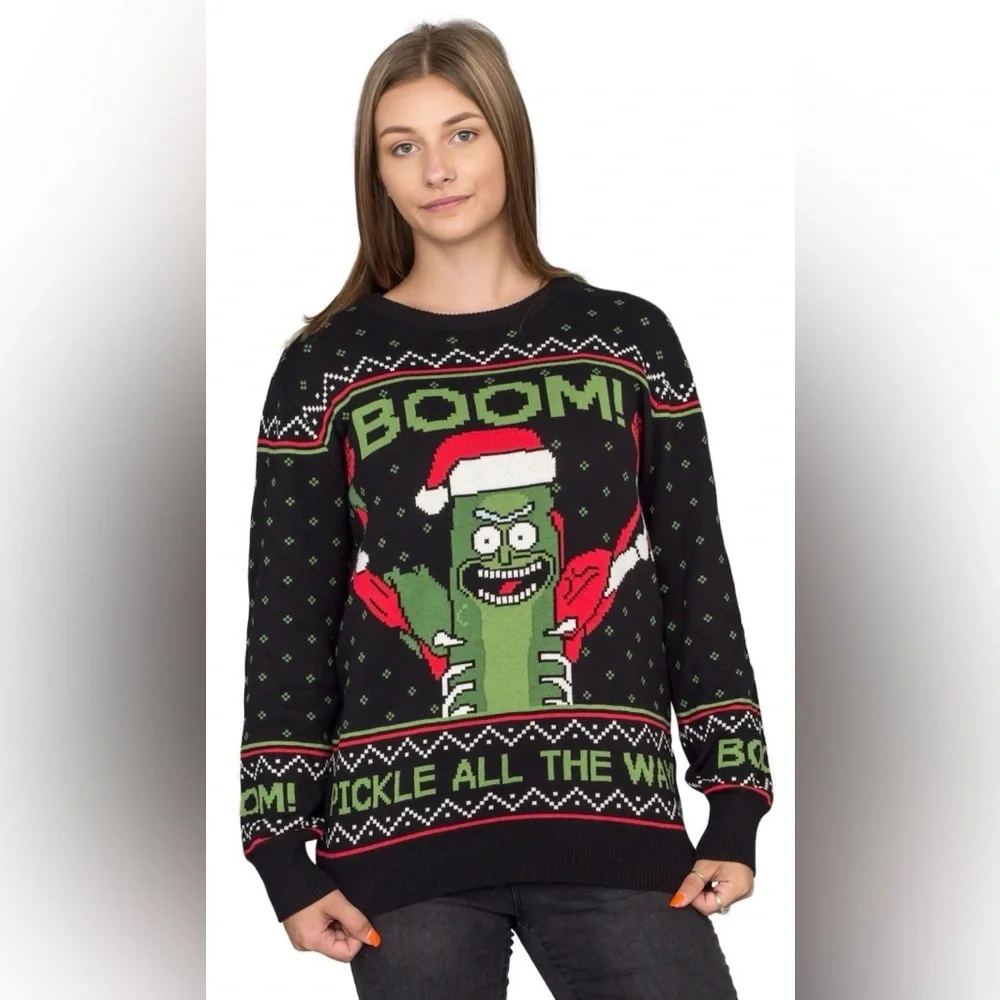 Rick and Morty Boom! Pickle Rick Adult Unisex Ugly Christmas Sweater Black